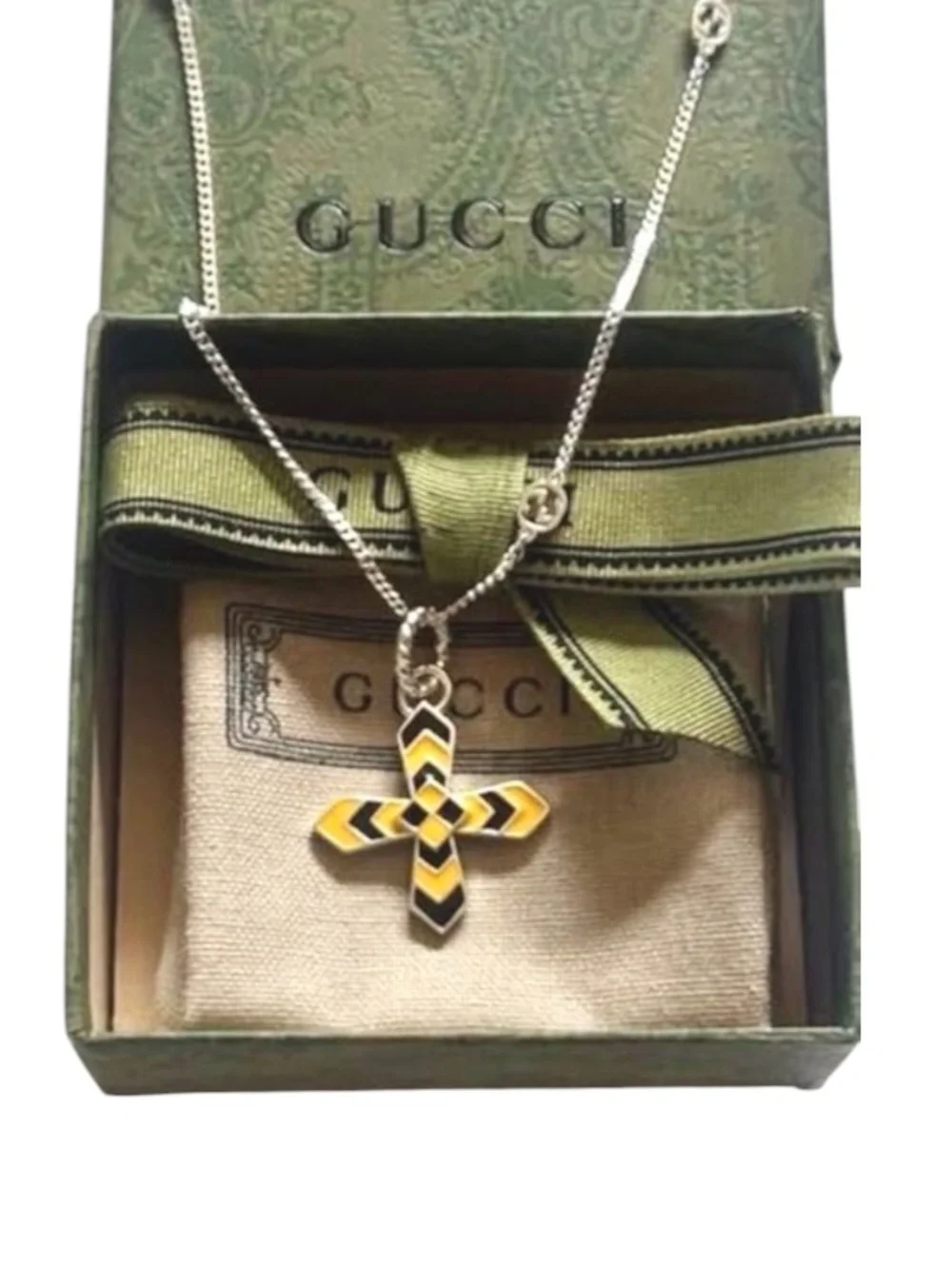 New Full Set Gucci Cross Unisex 925 Silver Blue Enamel Necklace 20